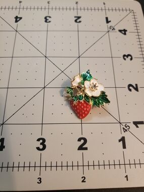 Gold-Tone Strawberry Flower Pin Brooch in Red, Green & White